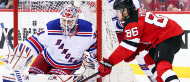 New York Rangers goaltender Igor Shesterkin (31) stops a shot from New Jersey Devils center Jack Hughes (86) during Game 7 of an Eastern Conference First Round playoff game between the New York Rangers and the New Jersey Devils on May 1, 2023, at Prudential Center in Newark, New Jersey.