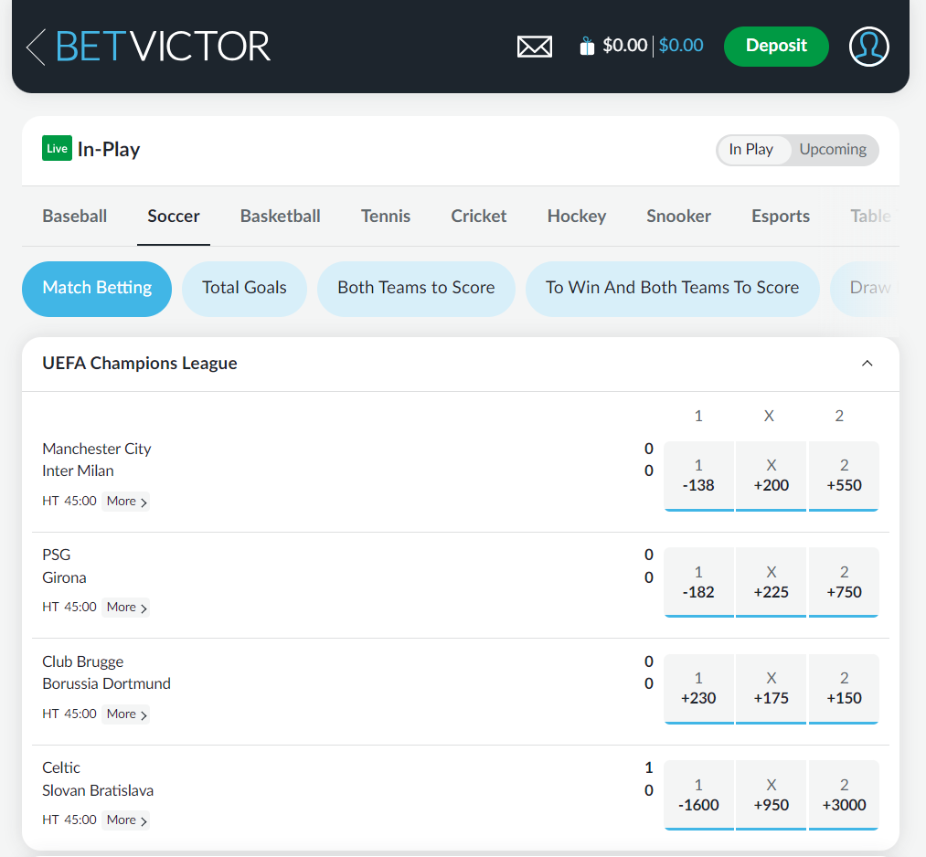 Screenshot of live betting at betvictor