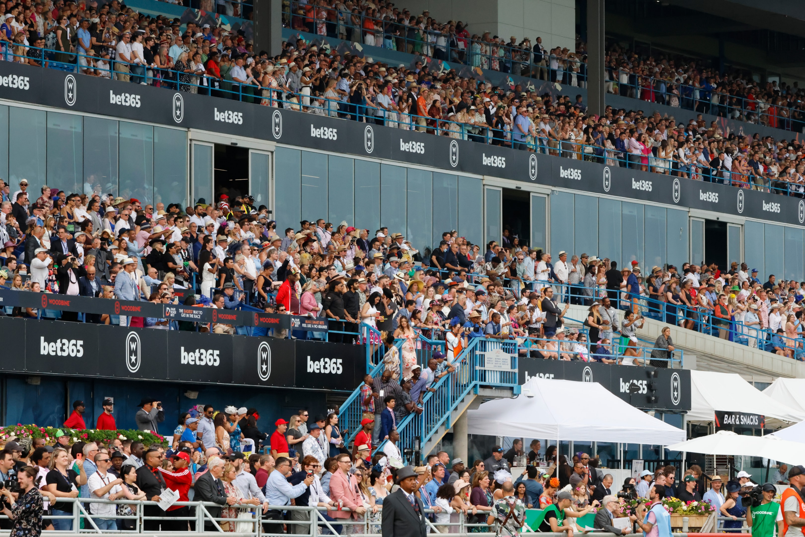 Spectators watch as the King's Plate race gets underway at Woodbine Racetrack in Toronto.