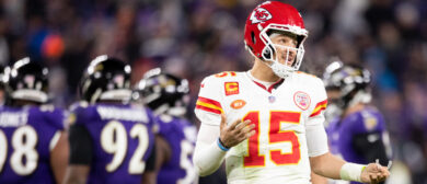 Patrick Mahomes #15 of the Kansas City Chiefs gestures to the sideline during the AFC Championship NFL football game against the Baltimore Ravens at M&T Bank Stadium on January 28, 2024 in Baltimore, Maryland.