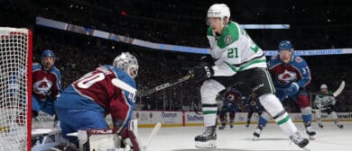 Jason Robertson #21 of the Dallas Stars skates against the Colorado Avalanche in Game Six of the Second Round of the 2024 Stanley Cup Playoffs at Ball Arena on May 17, 2024 in Denver, Colorado.