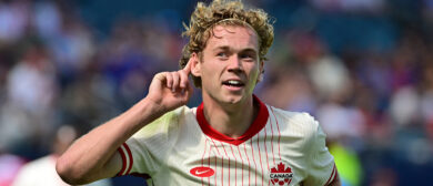 Canada's forward Jacob Shaffelburg celebrates scoring a goal in first half of an international friendly football match between USA and Canada at Children's Mercy Park in Kansas City, Kansas, on September 7, 2024.