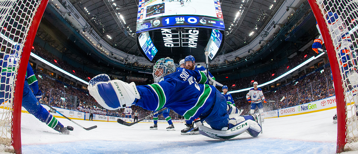 Arturs Silovs #31 of the Vancouver Canucks makes a save during the second period in Game Seven of the Second Round of the 2024 Stanley Cup Playoffs against the Edmonton Oilers at Rogers Arena on May 20, 2024 in Vancouver, British Columbia, Canada.