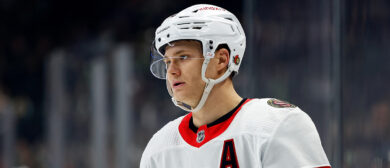 Tim Stutzle #18 of the Ottawa Senators looks on against the Minnesota Wild in the first period at Xcel Energy Center on April 02, 2024 in St Paul, Minnesota. The Wild defeated the Senators 3-2.