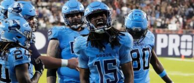 Makai Polk #15 of the Toronto Argonauts reacts after a touchdown reception against the Hamilton Tiger-Cats at BMO Field on September 20, 2024 in Toronto, Canada