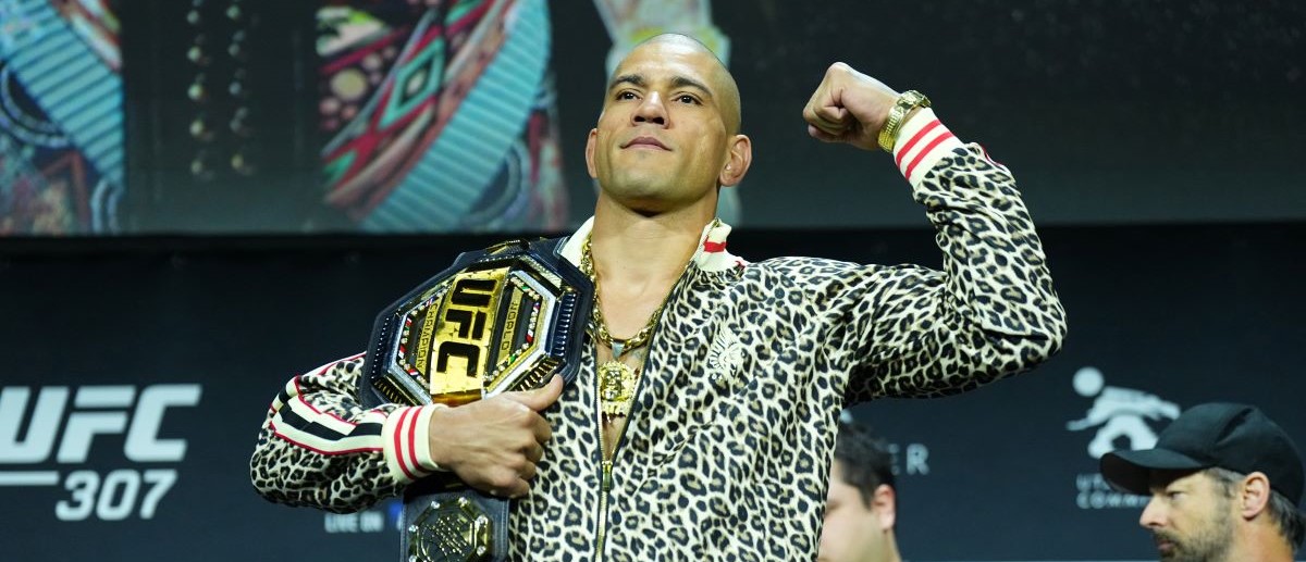 Alex Pereira of Brazil is seen on stage during the UFC 307 press conference at Salt Palace Convention Center on October 03, 2024 in Salt Lake City, Utah.