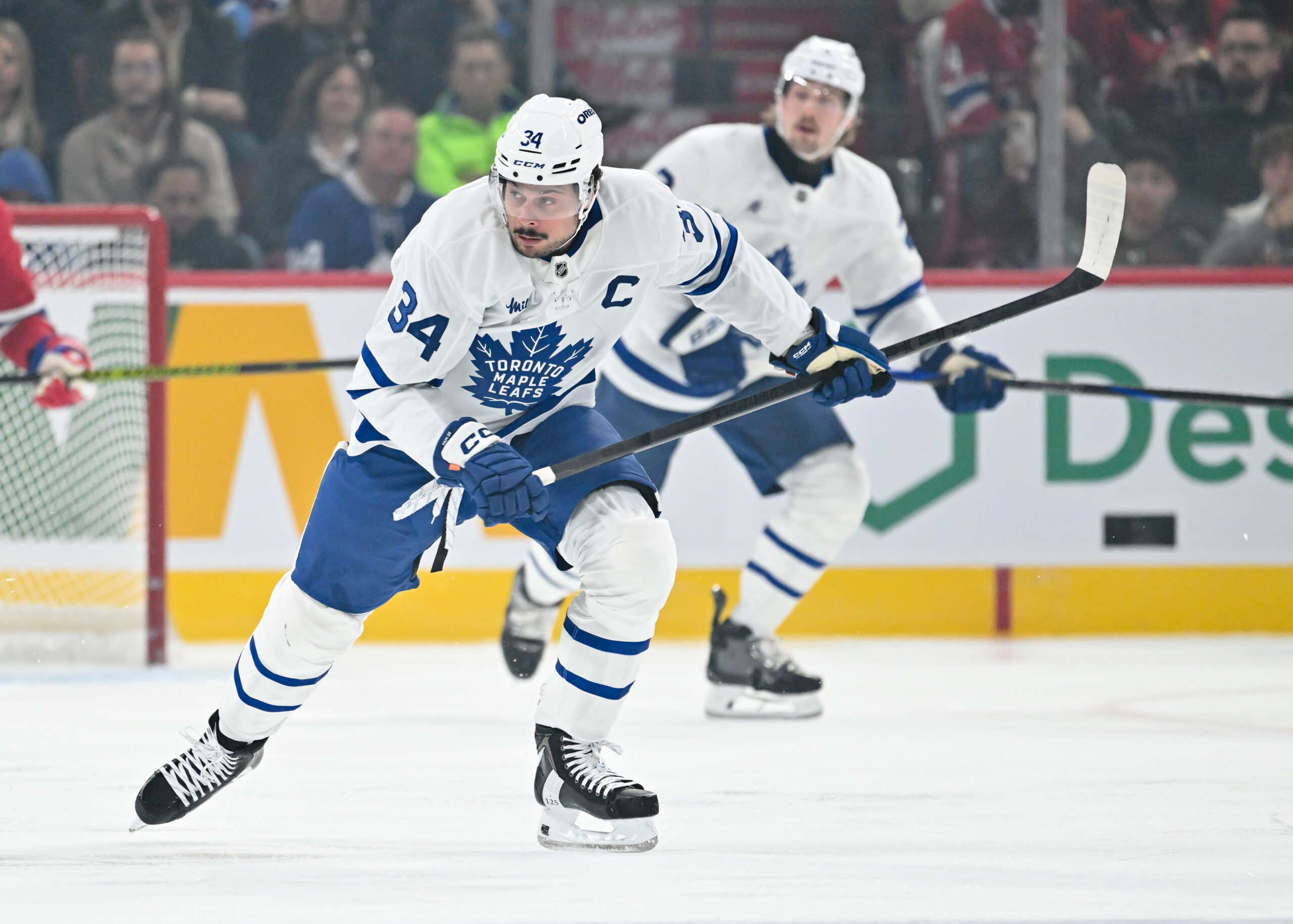 Auston Matthews #34 of the Toronto Maple Leafs skates during the first period against the Montreal Canadiens at the Bell Centre on October 9, 2024 in Montreal, Quebec, Canada. The Montreal Canadiens defeated the Toronto Maple Leafs 1-0.