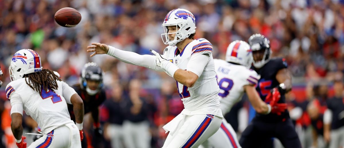 Josh Allen #17 of the Buffalo Bills throws a pass in the first half against the Houston Texans at NRG Stadium on October 06, 2024 in Houston, Texas.