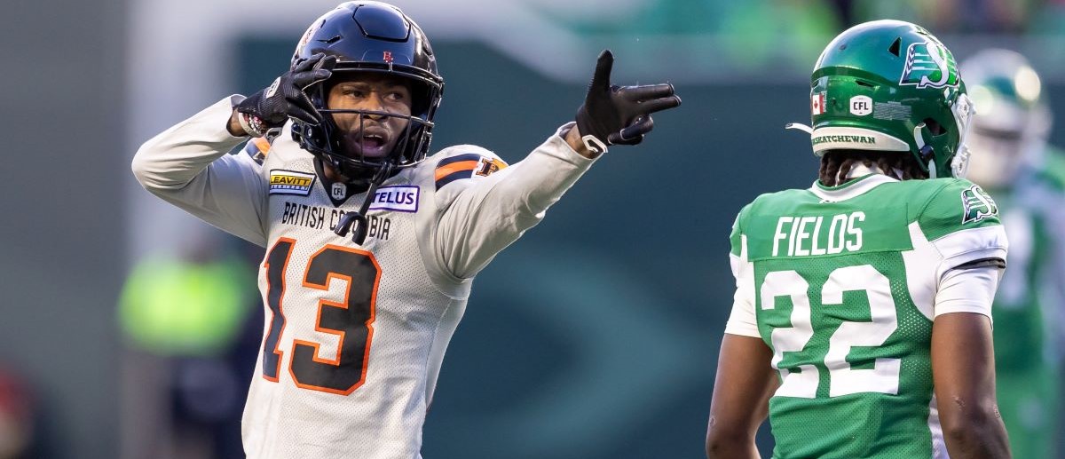 Alexander Hollins #13 of the BC Lions signals a first down after a catch in the game between the BC Lions and Saskatchewan Roughriders at Mosaic Stadium on October 12, 2024 in Regina, Canada.