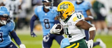 Kevin Brown #4 of the Edmonton Elks runs with the ball after a pass reception against the Toronto Argonauts during the second half at BMO Field on June 22, 2024 in Toronto, Canada