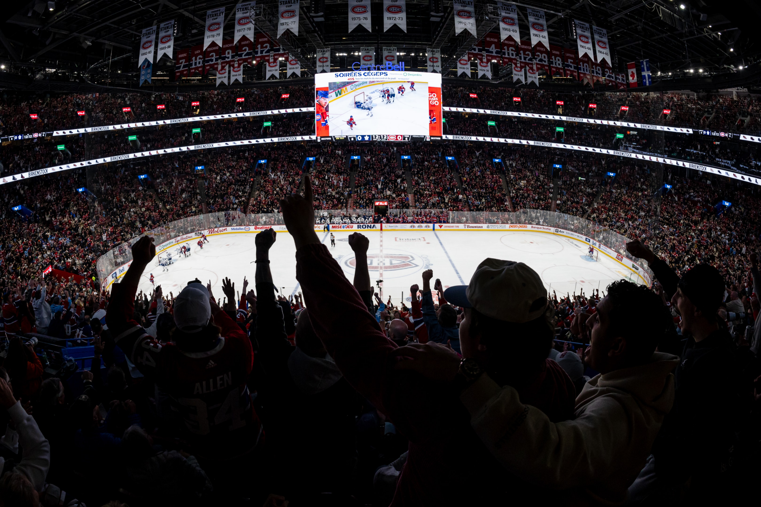 Fans erupt in a goal celebration after a goal scored during the NHL regular season game against the Toronto Maple Leafs at the Bell Centre on October 9, 2024 in Montreal, Quebec, Canada.