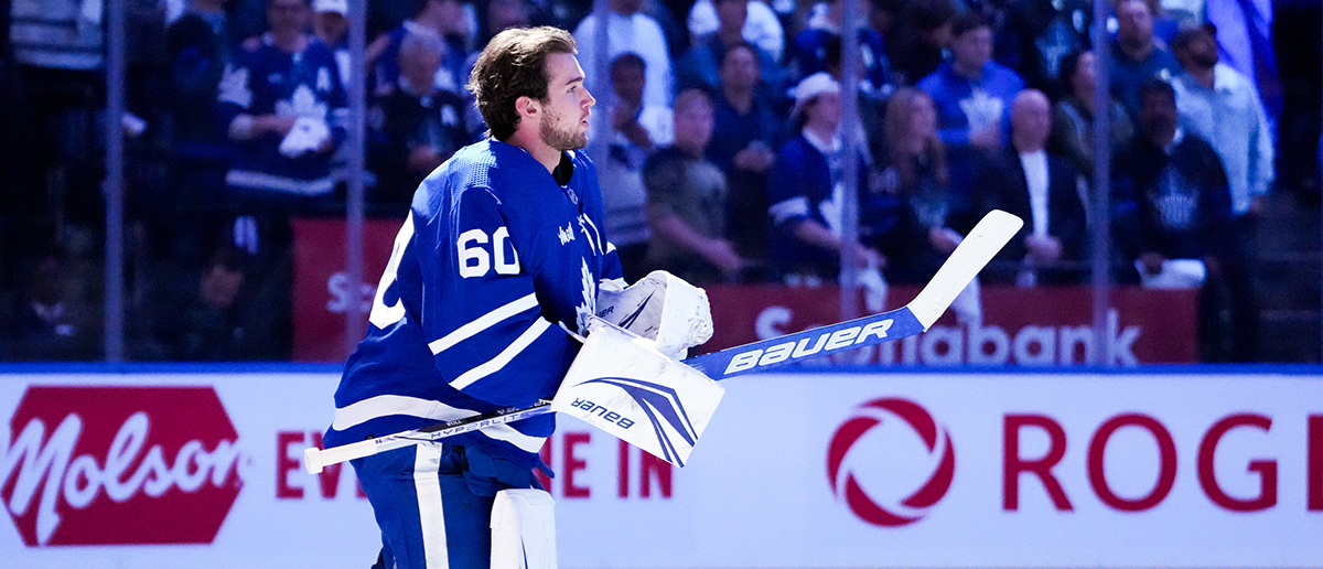 Joseph Woll #60 of the Toronto Maple Leafs skates prior to the game against the Boston Bruins in Game Six of the First Round of the 2024 Stanley Cup Playoffs at Scotiabank Arena on May 2, 2024 in Toronto, Ontario, Canada.