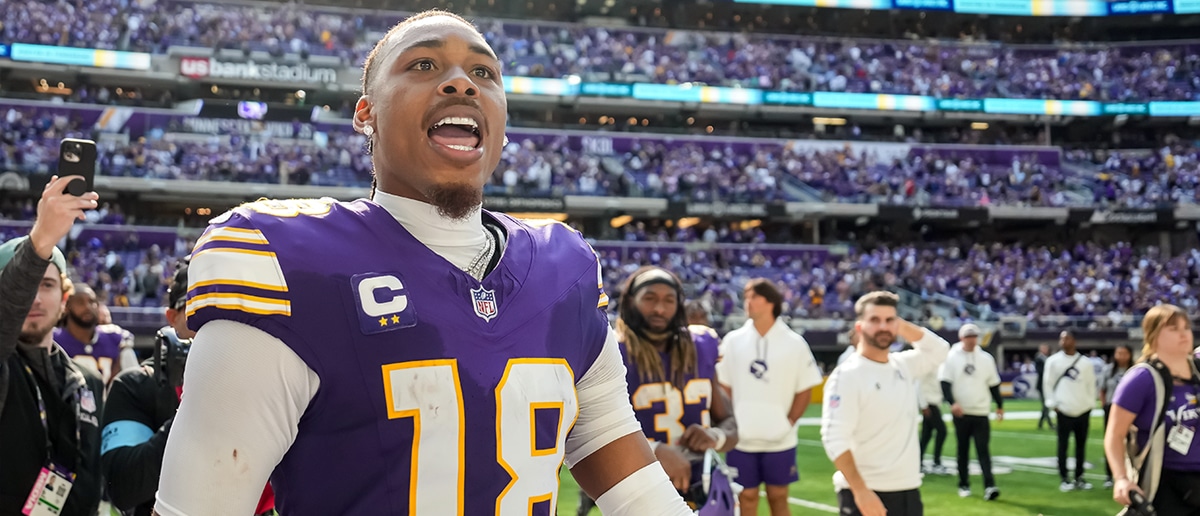 Justin Jefferson #18 of the Minnesota Vikings looks on following the game between the Minnesota Vikings and Houston Texans at U.S. Bank Stadium on September 22, 2024 in Minneapolis, Minnesota.