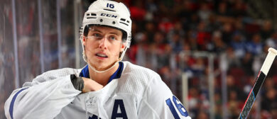 Mitch Marner #16 of the Toronto Maple Leafs skates in the second period of the game against the New Jersey Devils at the Prudential Center on April 9, 2024 in Newark, New Jersey.