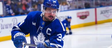 Auston Matthews #34 of the Toronto Maple Leafs warms-up before facing the St.Lous Blues at the Scotiabank Arena on October 24, 2024 in Toronto, Ontario, Canada.