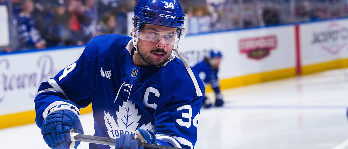 Auston Matthews #34 of the Toronto Maple Leafs warms-up before facing the St.Lous Blues at the Scotiabank Arena on October 24, 2024 in Toronto, Ontario, Canada.