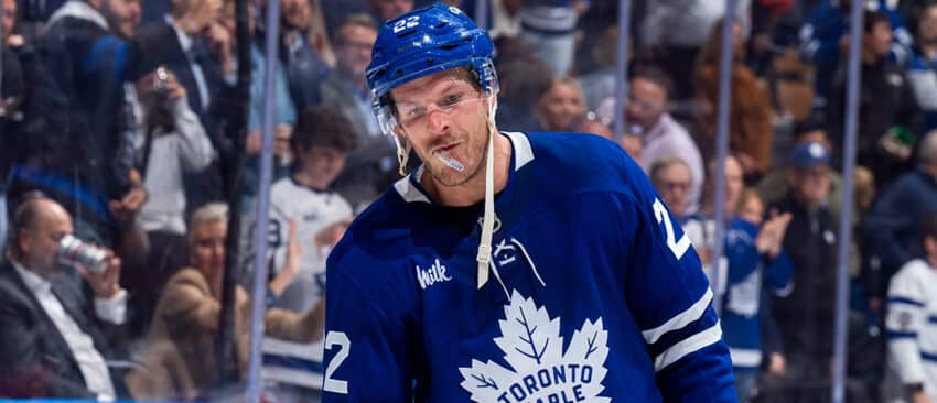 Toronto Maple Leafs defenseman Jake McCabe #22 looks on against the Tampa Bay Lightning at the Scotiabank Arena on November 21, 2024 in Toronto, Ontario, Canada.