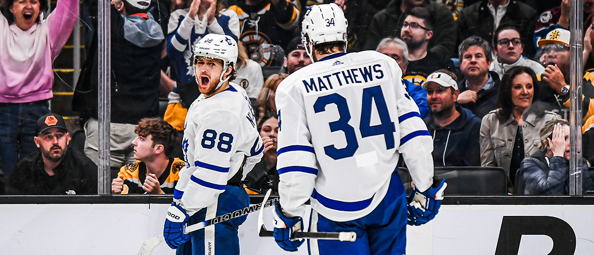 William Nylander #88 of the Toronto Maple Leafs celebrates his third period goal with Auston Matthews #34 against the Boston Bruins in Game Seven of the First Round of the 2024 Stanley Cup Playoffs at TD Garden on May 04, 2024 in Boston, Massachusetts.