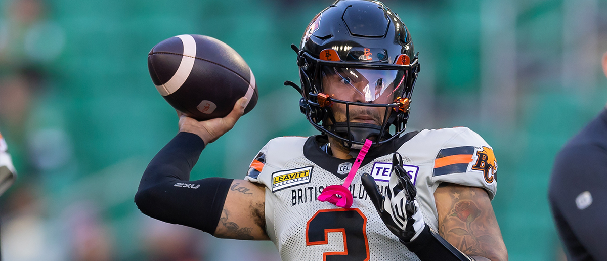 Vernon Adams Jr. #3 of the BC Lions throws a pass in warm-up before the game between the BC Lions and Saskatchewan Roughriders at Mosaic Stadium on October 12, 2024 in Regina, Canada.