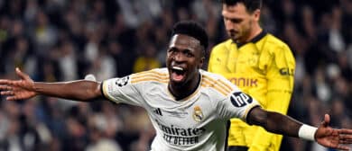 Real Madrid's Brazilian forward #07 Vinicius Junior celebrates scoring his team's second goal during the UEFA Champions League final football match between Borussia Dortmund and Real Madrid, at Wembley stadium, in London, on June 1, 2024.