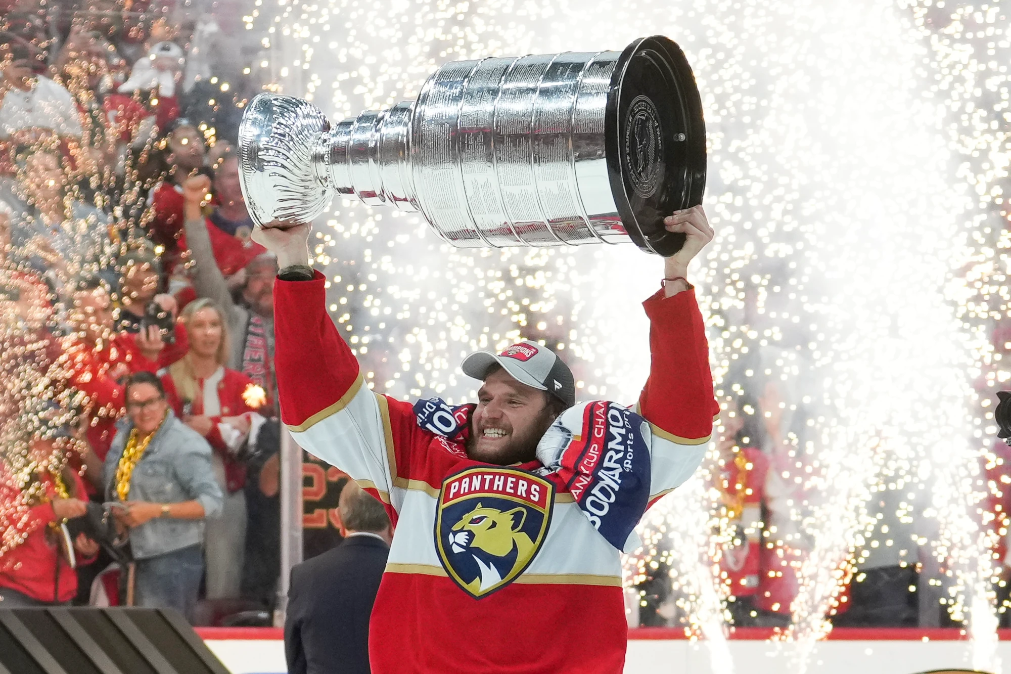 Florida Panthers center Aleksander Barkov celebrates with the Stanley Cup following game seven of the Stanley Cup Finals between the Edmonton Oilers and the Florida Panthers on Monday, June 24, 2024 at Amerant Bank Arena in Sunrise, Florida.