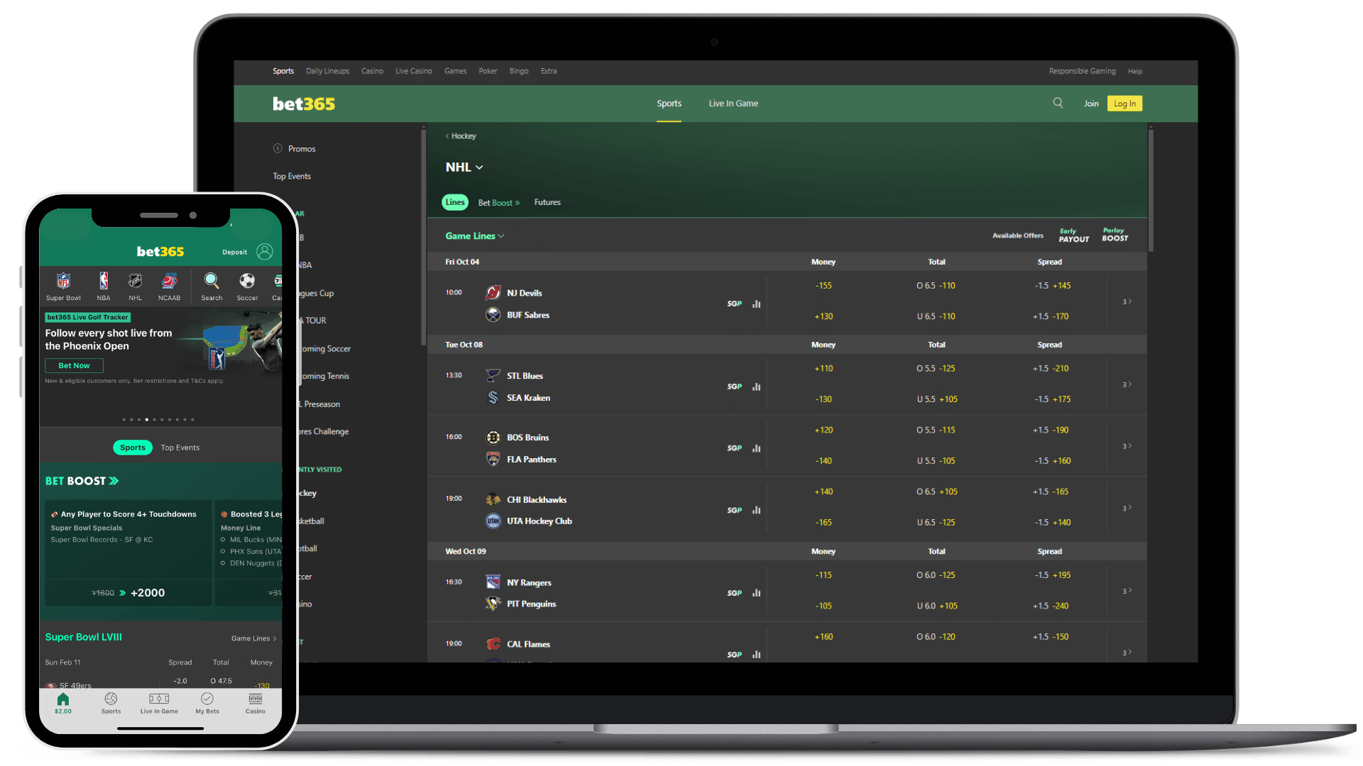 Laptop and iPhone mockups of the bet365 homepage, available for bc sports betting.