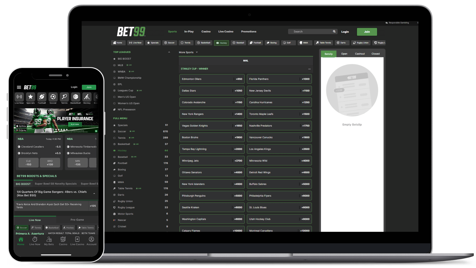 Laptop and iPhone mockups of the bet99 homepage, available for bc sports betting.