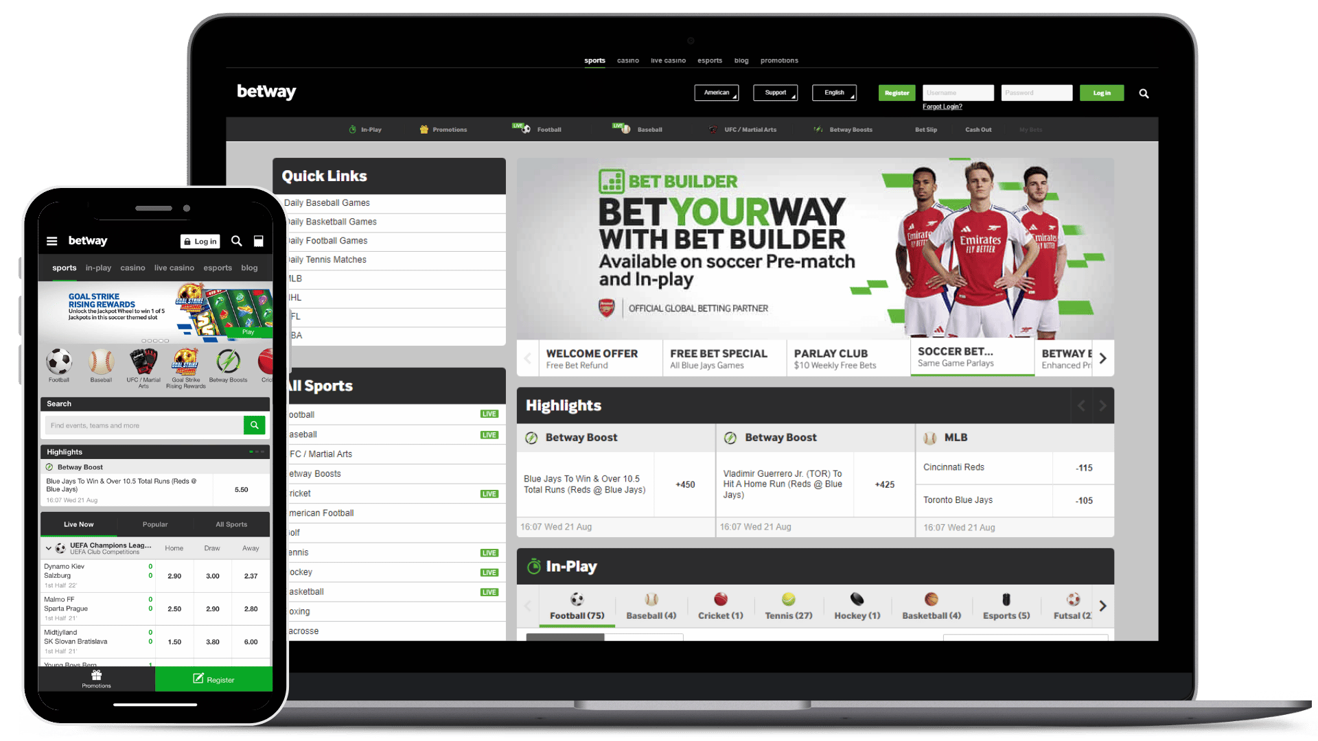 Laptop and iPhone mockups of the betway homepage, available for bc sports betting.