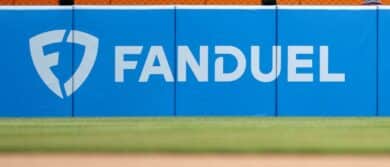 A FanDuel logo is pictured before a regular season Major League Baseball game between the Texas Rangers and the Detroit Tigers on April 17, 2024 at Comerica Park in Detroit, Michigan