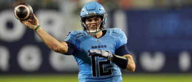 Chad Kelly #12 of the Toronto Argonauts throws a touchdown pass against the Hamilton Tiger-Cats during the first half at BMO Field on September 20, 2024 in Toronto, Canada