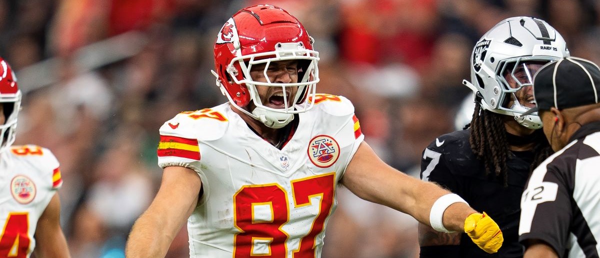 Tight end Travis Kelce #87 of the Kansas City Chiefs celebrates after completing a catch during the first quarter of an NFL football game against the Las Vegas Raiders, at Allegiant Stadium on October 27, 2024 in Las Vegas, Nevada.