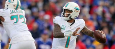 Tua Tagovailoa #1 of the Miami Dolphins throws a pass during the fourth quarter against the Buffalo Bills at Highmark Stadium on November 03, 2024 in Orchard Park, New York.