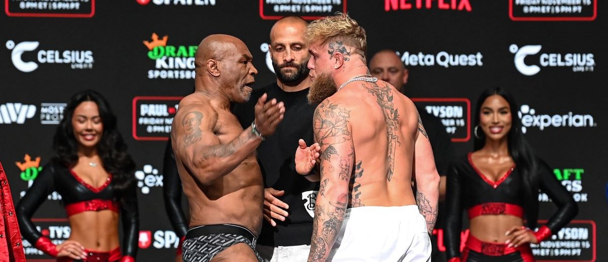 Mike Tyson, left, and Jake Paul face off during weigh-ins, held at Toyota Music Factory in Irving, Texas, USA, ahead of their heavyweight bout, on November 15th at AT&T Stadium in Arlington, Texas.