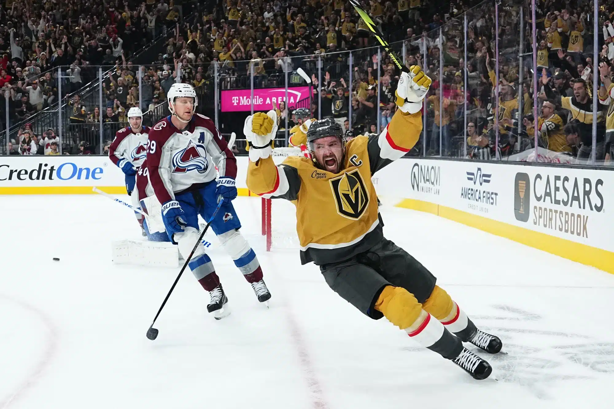 Mark Stone of the Vegas Golden Knights celebrates after a goal against the Colorado Avalanche at T-Mobile Arena on October 09, 2024 in Las Vegas, Nevada.