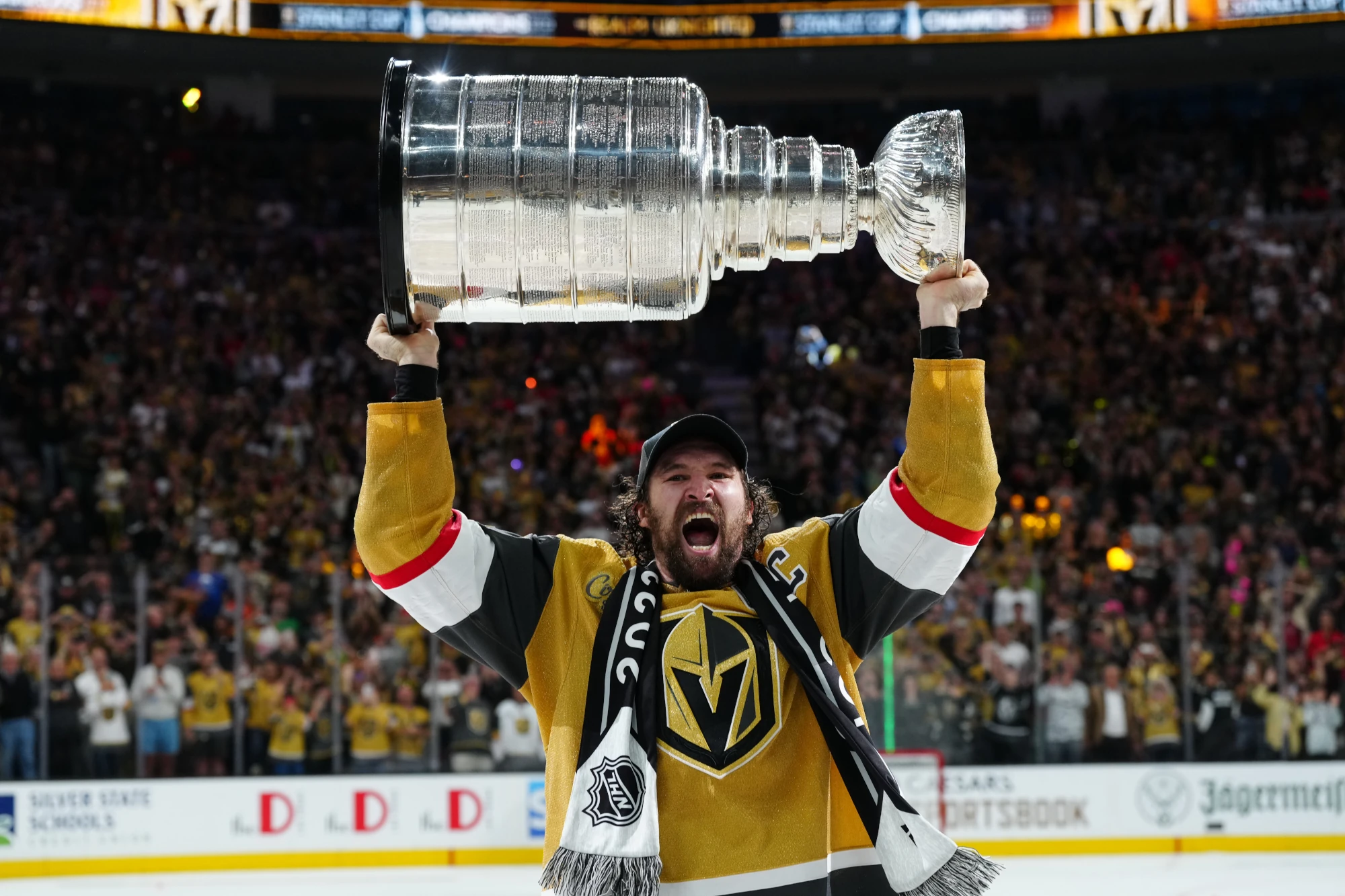 Mark Stone of the Vegas Golden Knights celebrates with the Stanley Cup after a 9-3 victory against the Florida Panthers in Game Five of the 2023 NHL Stanley Cup Final at T-Mobile Arena on June 13, 2023 in Las Vegas, Nevada.