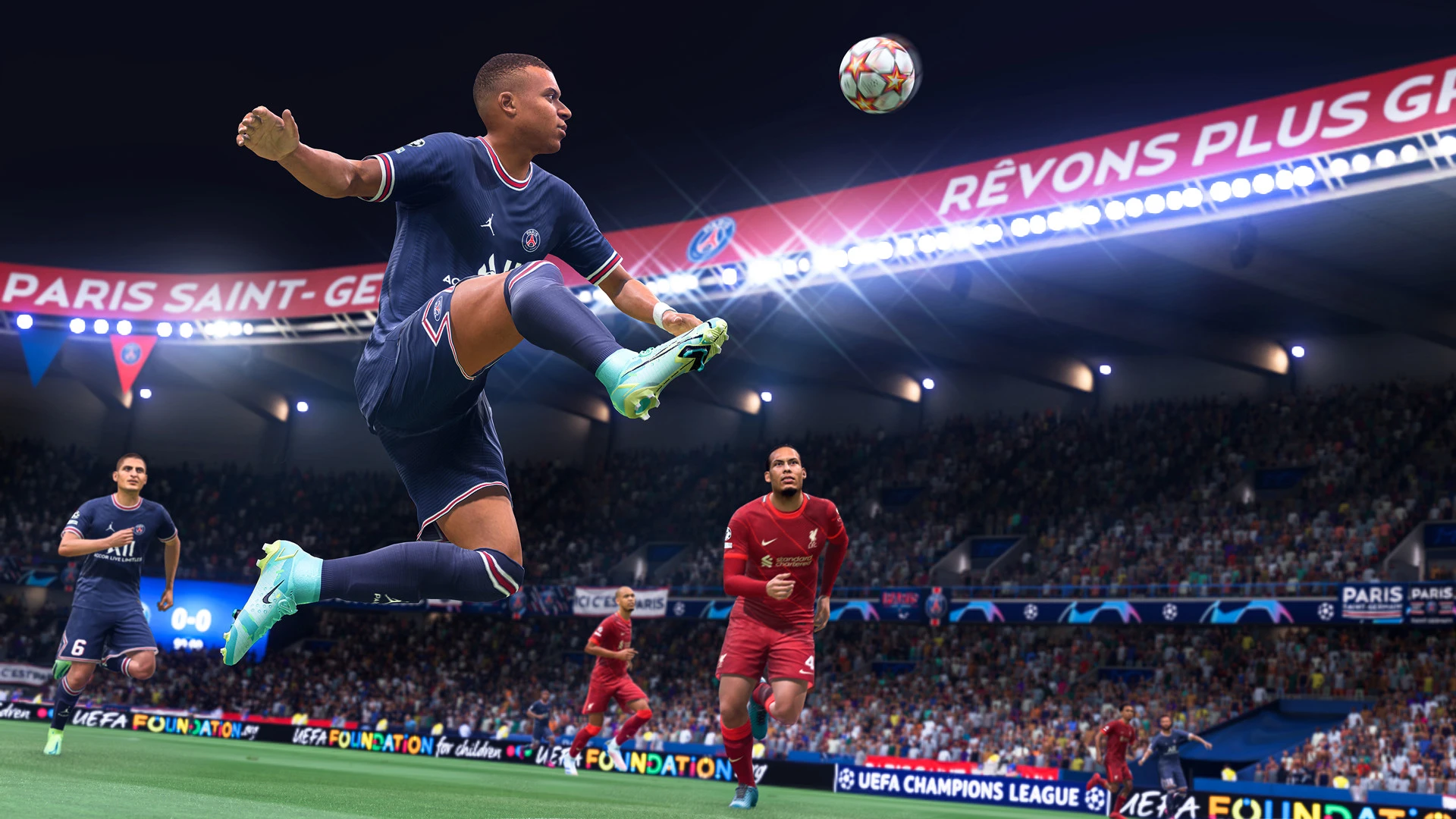 In-game screenshot of a FIFA soccer player kicking a ball in mid-air.