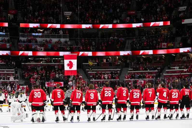 The Canadian flag is risen after Team Canada defeated Team Germany 3-0 of the Group A match during the 2025 IIHF World Junior Championship at Canadian Tire Centre on December 29, 2024 in Ottawa, Ontario, Canada. 