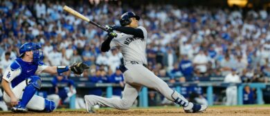 Juan Soto #22 of the New York Yankees hits a solo home run in the third inning during Game 2 of the 2024 World Series presented by Capital One between the New York Yankees and the Los Angeles Dodgers at Dodger Stadium on Saturday, October 26, 2024 in Los Angeles, California.