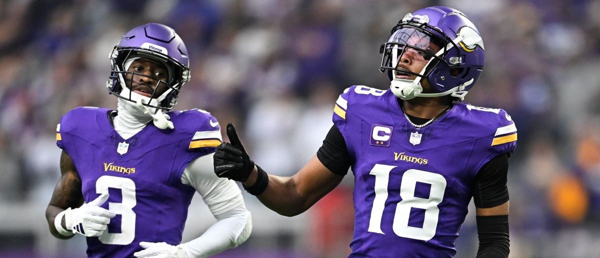 Justin Jefferson #18 and Jordan Addison #3 of the Minnesota Vikings line up for a play in the second quarter of the game against the Atlanta Falcons at U.S. Bank Stadium on December 8, 2024 in Minneapolis, Minnesota. The Vikings defeated the Falcons 42-21.