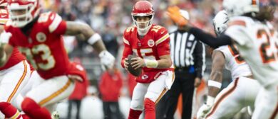 Kansas City Chiefs quarterback Patrick Mahomes (15) drops back to pass against the Cleveland Browns during the first quarter at Huntington Bank Field.