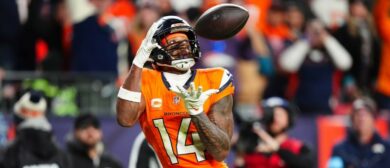 Denver Broncos wide receiver Courtland Sutton (14) prepares to pull in a touchdown reception in the fourth quarter against the Indianapolis Colts at Empower Field at Mile High