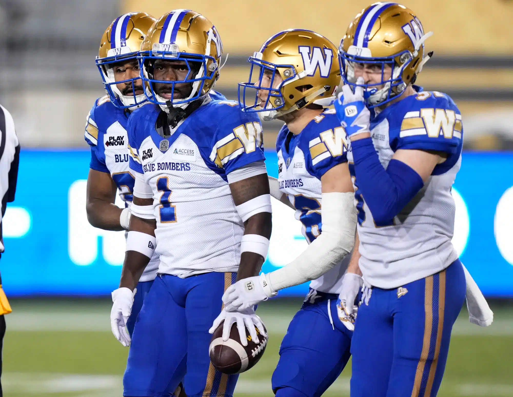 Deatrick Nichols #1 of the Winnipeg Blue Bombers heads for the sidelines after intercepting a pass against the Hamilton Tiger-Cats at Tim Hortons Field on October 4, 2024 in Hamilton, Canada.