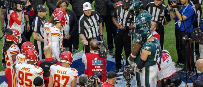 Carl Cheffers oversees the coin toss during Super Bowl LVII between the Philadelphia Eagles and the Kansas City Chiefs on Sunday, February 12th, 2023 at State Farm Stadium in Glendale, AZ.