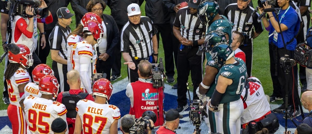 Carl Cheffers oversees the coin toss during Super Bowl LVII between the Philadelphia Eagles and the Kansas City Chiefs on Sunday, February 12th, 2023 at State Farm Stadium in Glendale, AZ.