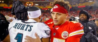 Patrick Mahomes #15 of the Kansas City Chiefs hugs Jalen Hurts #1 of the Philadelphia Eagles following the Eagles 21-17 win over the Chiefs at GEHA Field at Arrowhead Stadium on November 20, 2023 in Kansas City, Missouri