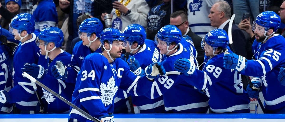 Auston Matthews #34 of the Toronto Maple Leafs celebrates his goal against the Tampa Bay Lightning at the Scotiabank Arena on January 20, 2025 in Toronto, Ontario, Canada.