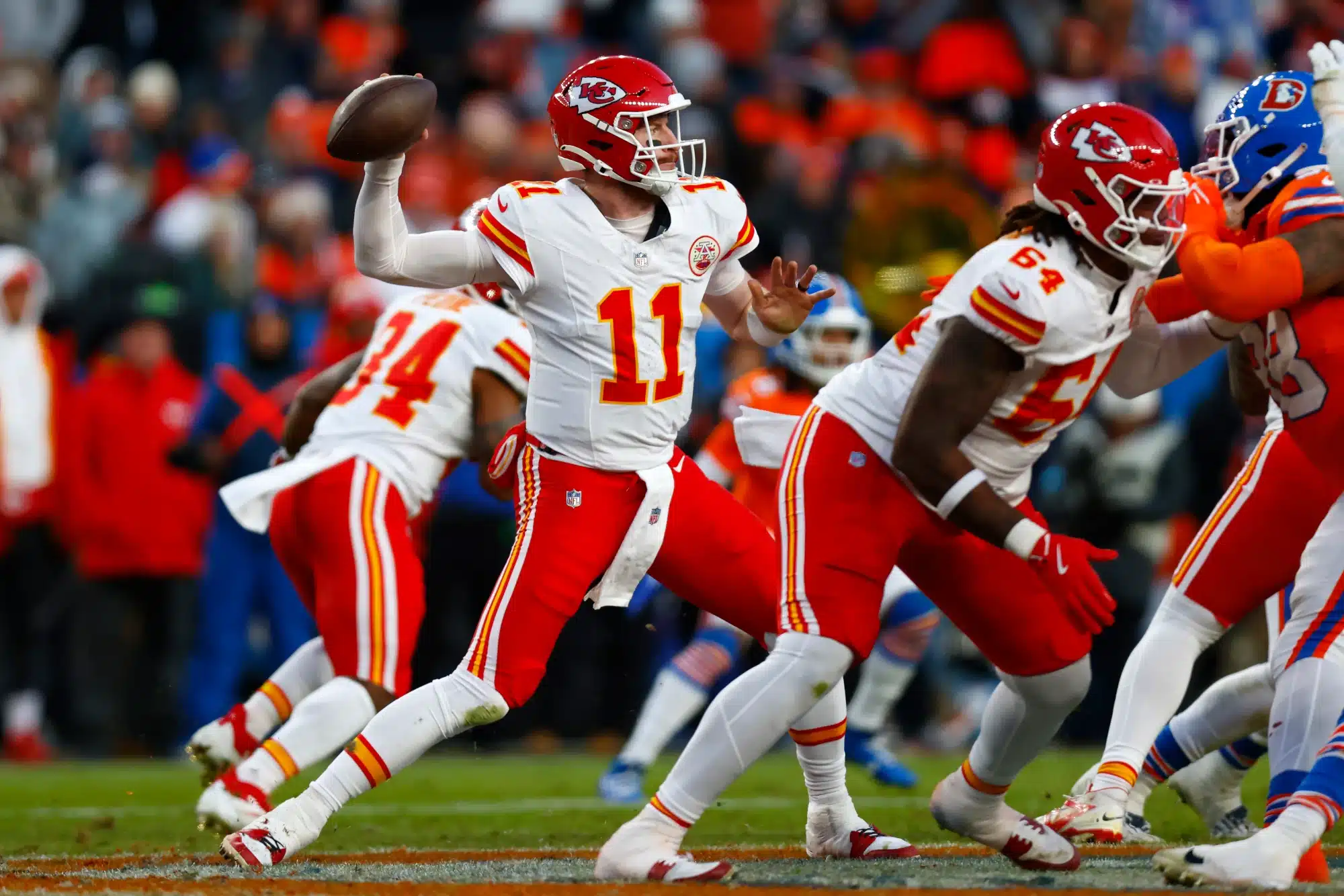 Carson Wentz #11 of the Kansas City Chiefs throws a pass in the third quarter against the Denver Broncos at Empower Field At Mile High on January 05, 2025 in Denver, Colorado.