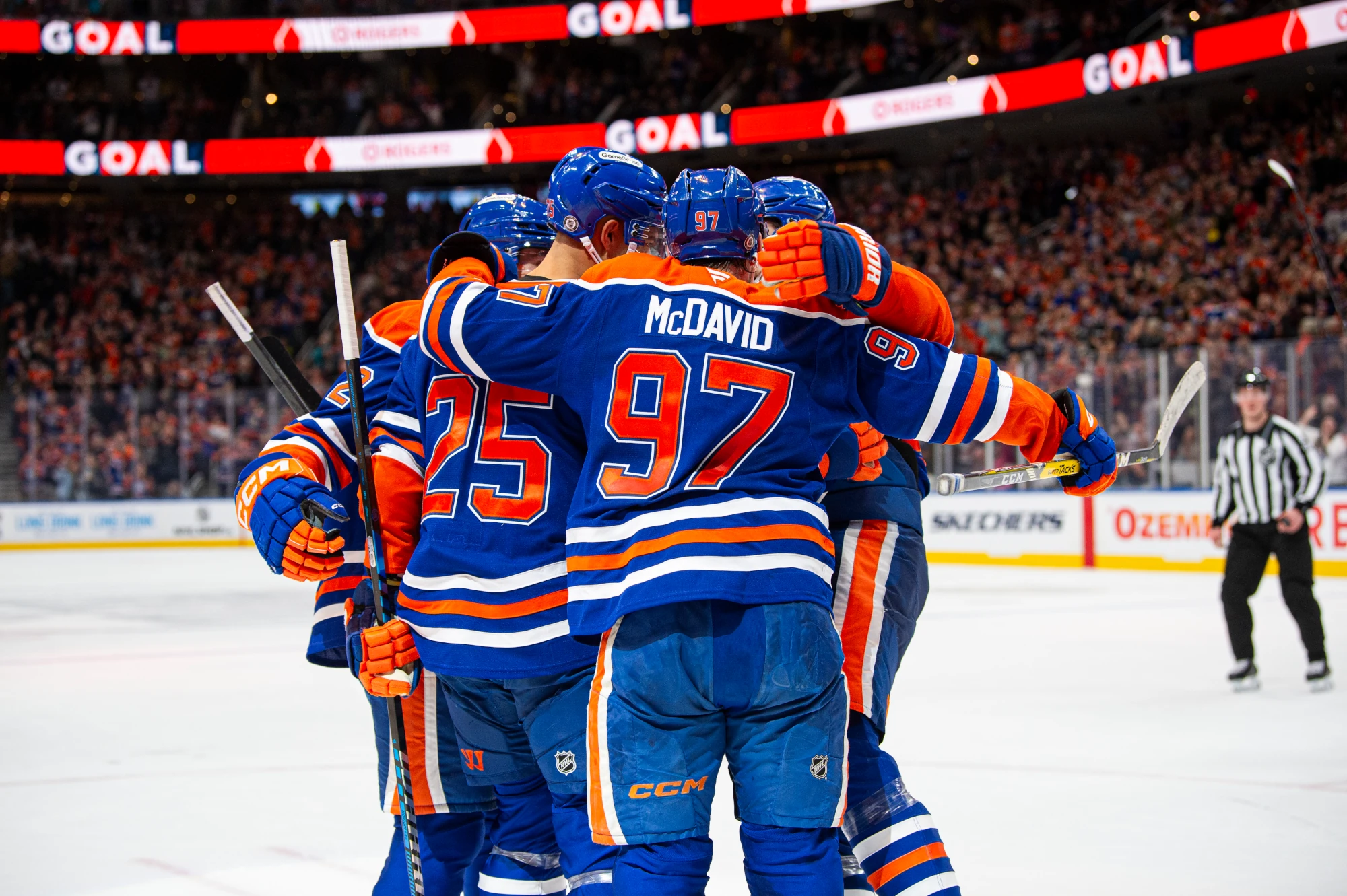 Connor McDavid #97 of the Edmonton Oilers celebrates his goal with his teammates during the second period against the Los Angeles Kings at Rogers Place on January 13, 2025 in Edmonton, Alberta, Canada. 