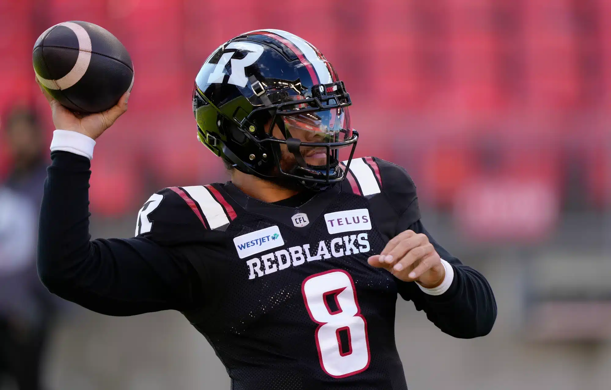 Jeremiah Masoli #8 of the Ottawa Redblacks throws a pass during warm up before the CFL Eastern Semi-Final against the Toronto Argonauts at BMO Field on November 2, 2024 in Toronto, Canada.