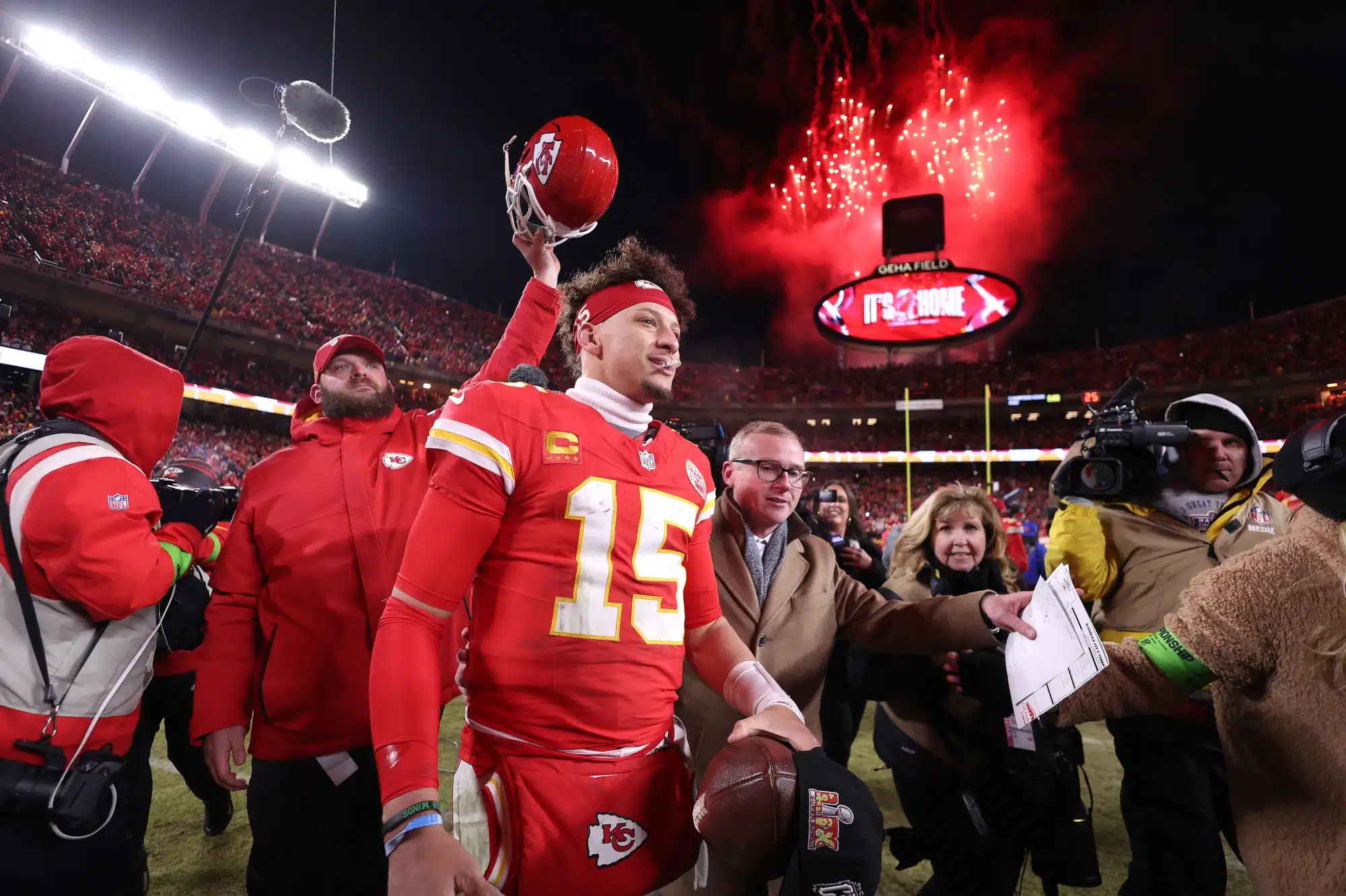 Patrick Mahomes #15 of the Kansas City Chiefs walks on the field after defeating the Buffalo Bills 32-29 in the AFC Championship Game at GEHA Field at Arrowhead Stadium on January 26, 2025 in Kansas City, Missouri. 